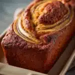 Close-up of homemade cinnamon swirl banana bread with a golden crust and visible swirls.