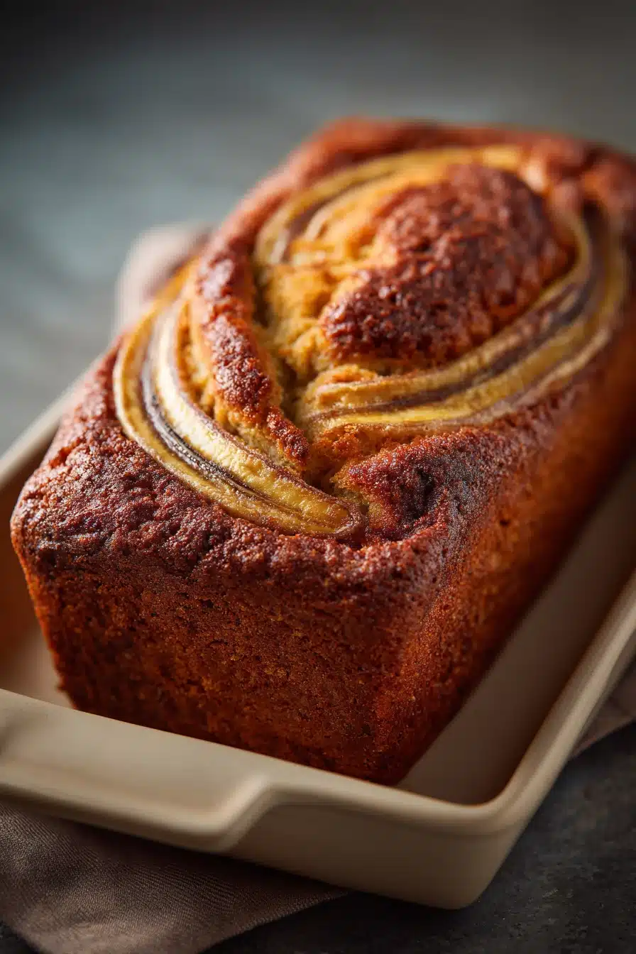 Close-up of homemade cinnamon swirl banana bread with a golden crust and visible swirls.
