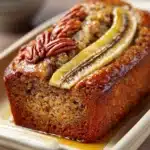 Close-up of Hummingbird Banana Bread with nuts and cream cheese frosting on a wooden board