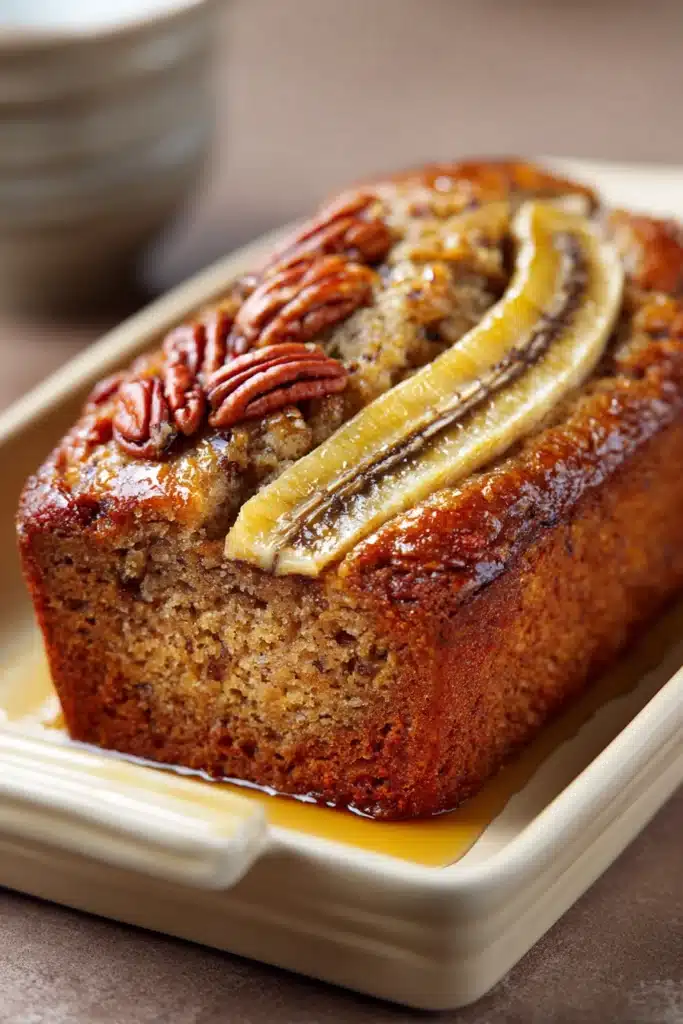 Close-up of Hummingbird Banana Bread with nuts and cream cheese frosting on a wooden board