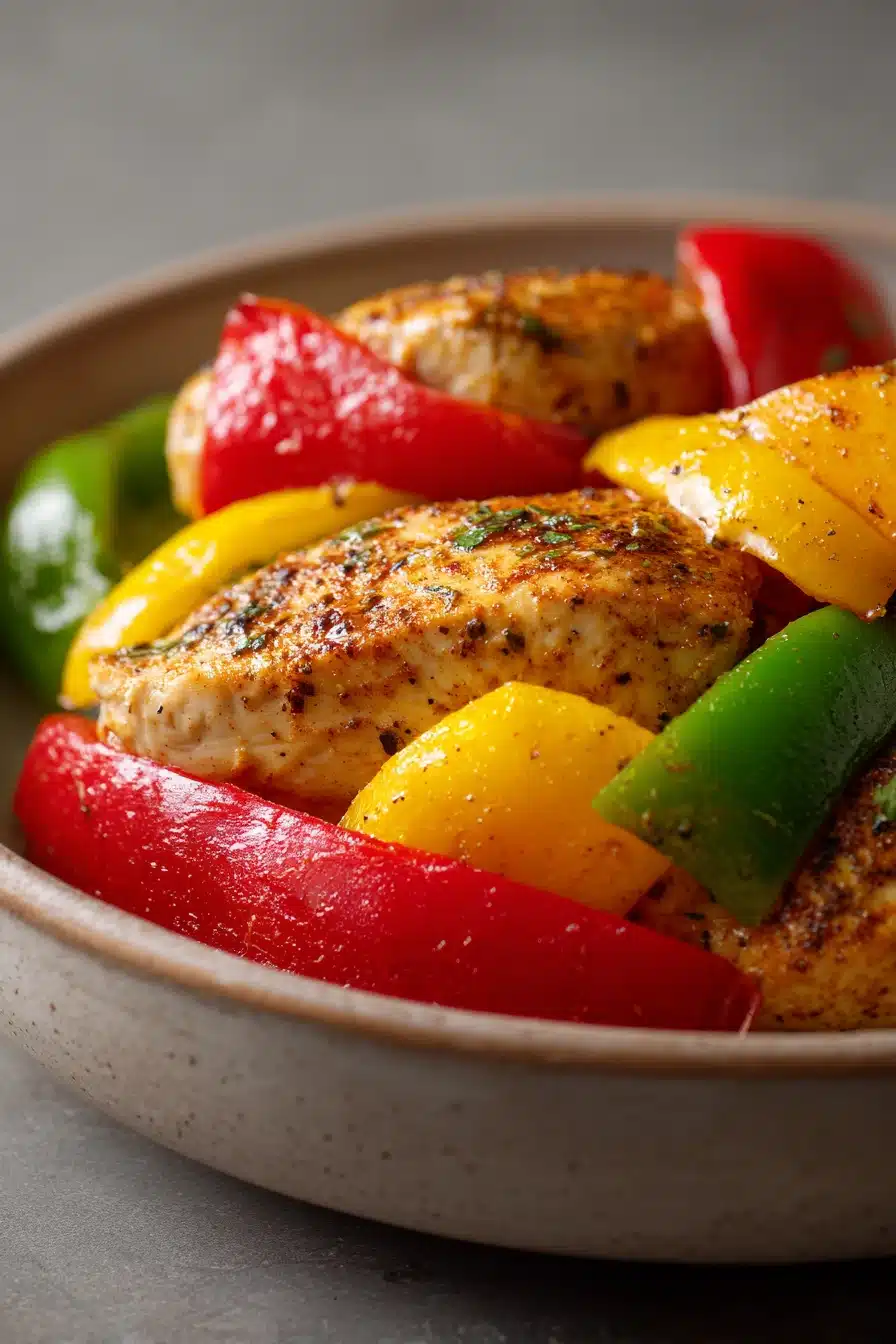 Close-up of Instant Pot chicken and peppers with vibrant colors and minimal background.