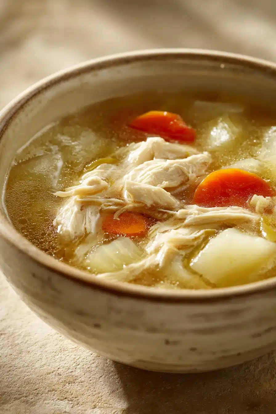 Close-up of Italian Penicillin Soup with visible ingredients in a bright setting.