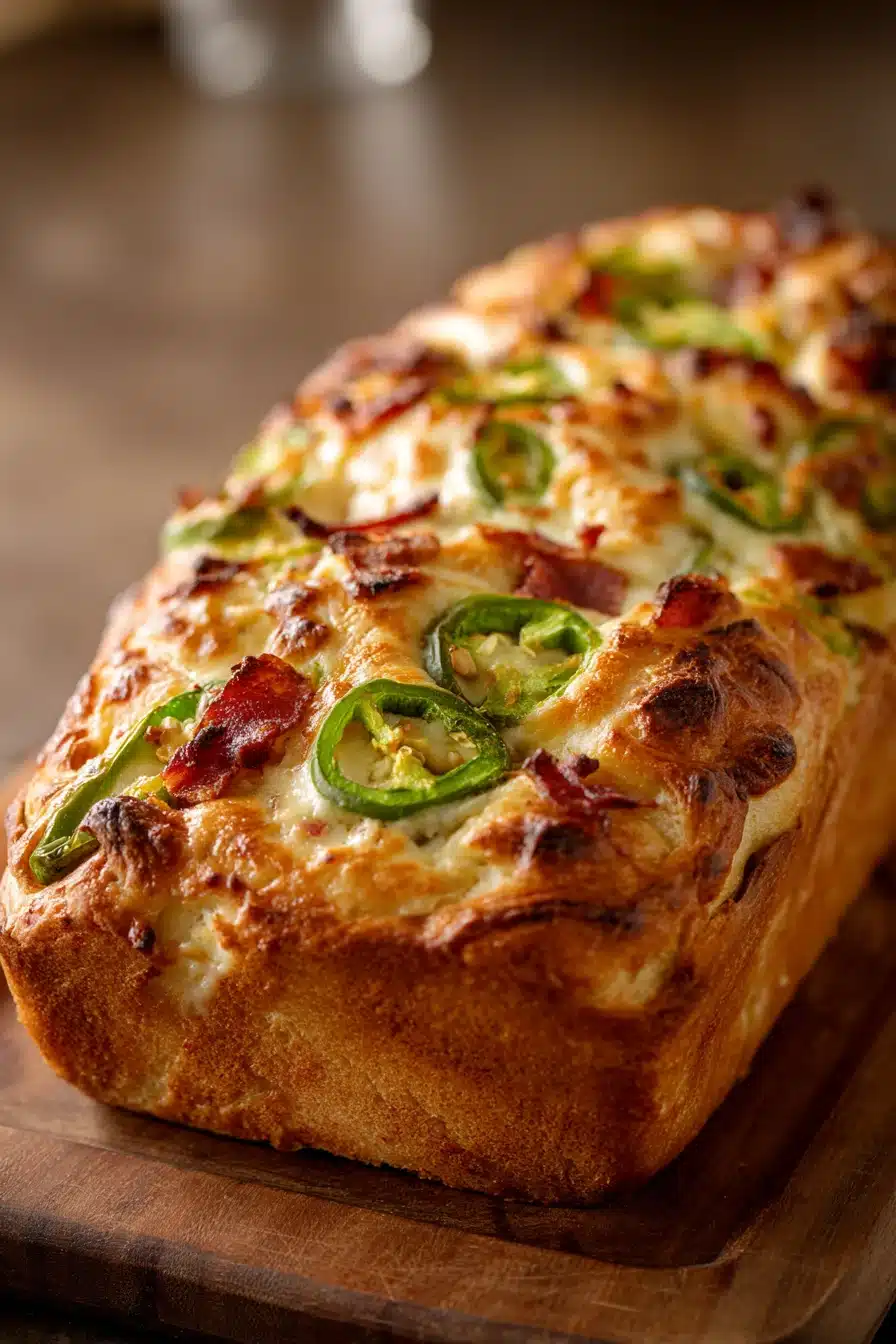 Close-up of jalapeno popper bread with melted cheese and jalapeno slices on a wooden board.