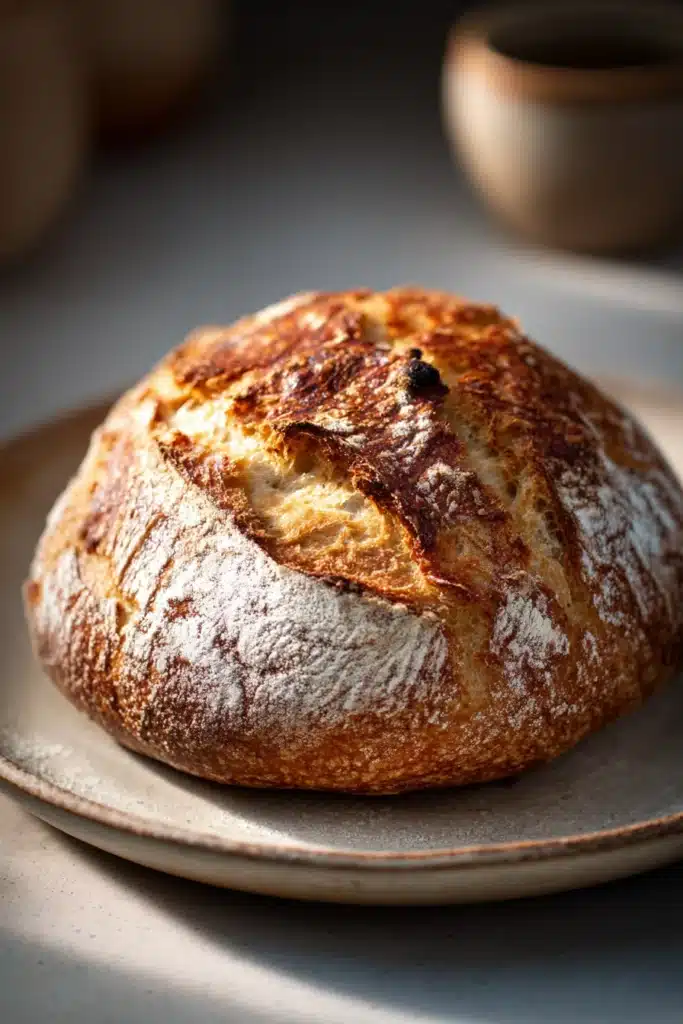 Close-up of freshly baked bread with a golden crust, highlighting texture and warmth.