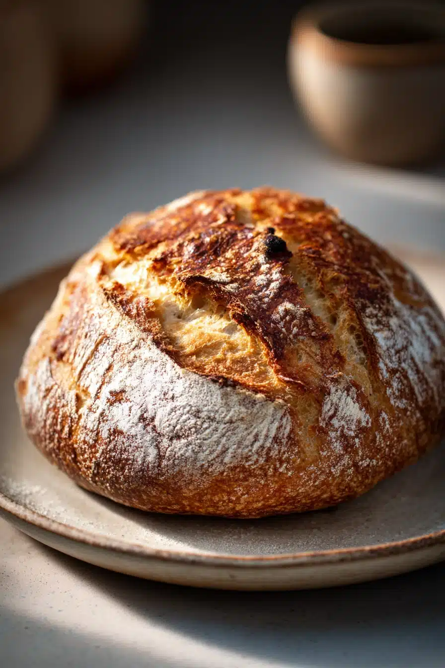Close-up of freshly baked bread with a golden crust, highlighting texture and warmth.