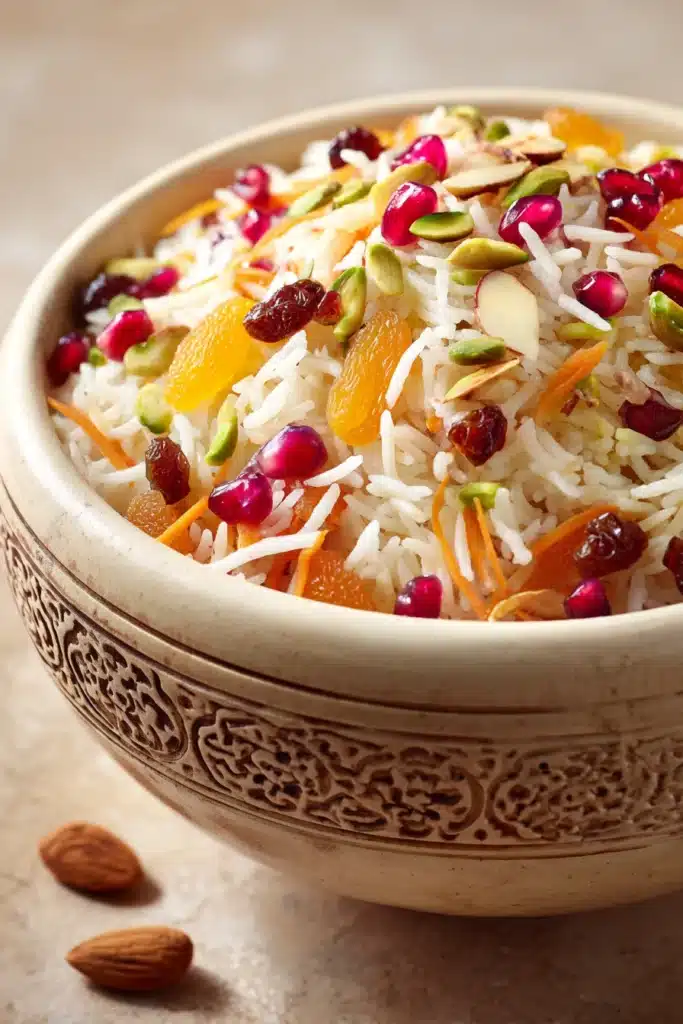 Close-up of Jeweled Vegetarian Rice Plov with colorful vegetables and grains