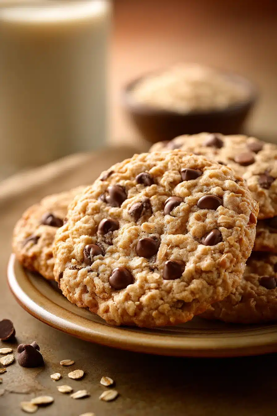 Close-up of a jumbo oatmeal chocolate chip cookie with visible chocolate chips and a golden-brown texture.