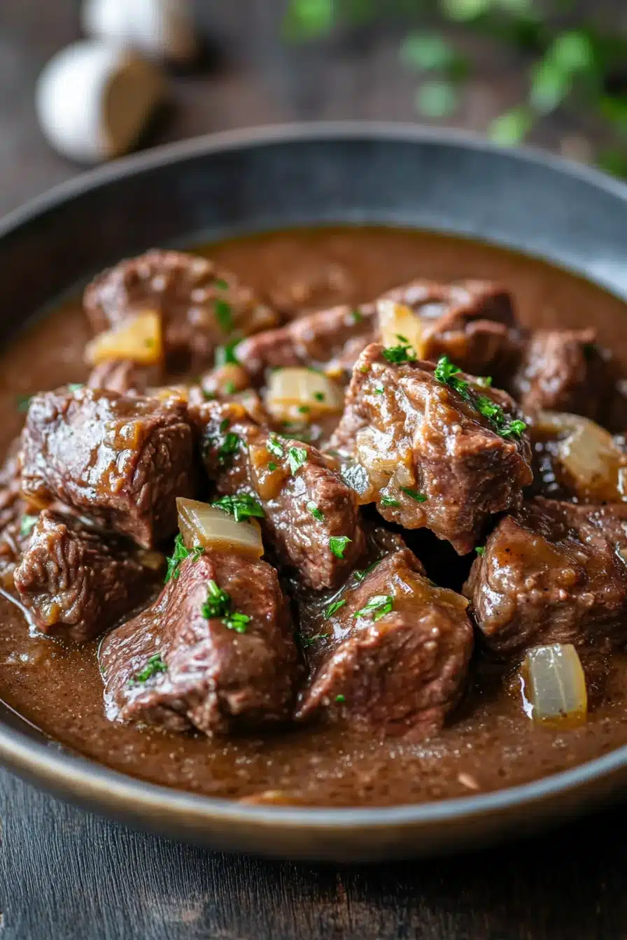 Close-up of keto beef tips and gravy in a crock pot with a rich, hearty appearance.