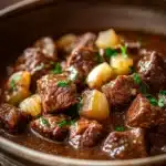 Close-up of keto beef tips and gravy in a crock pot with rich, savory sauce.
