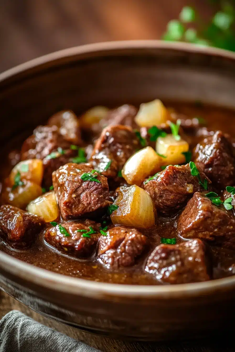 Close-up of keto beef tips and gravy in a crock pot with rich, savory sauce.
