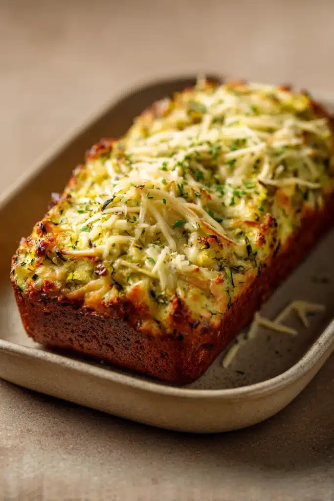 Close-up of keto zucchini garlic bread with visible zucchini slices and garlic, on a clean background.