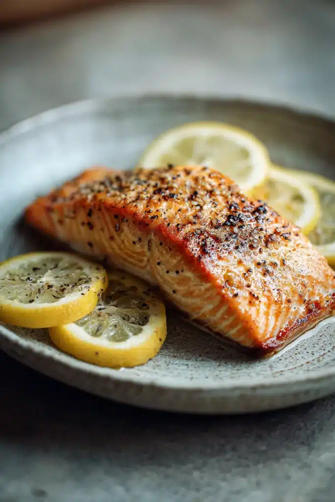 Close-up of lemon air fryer salmon with bright natural lighting and minimal background.