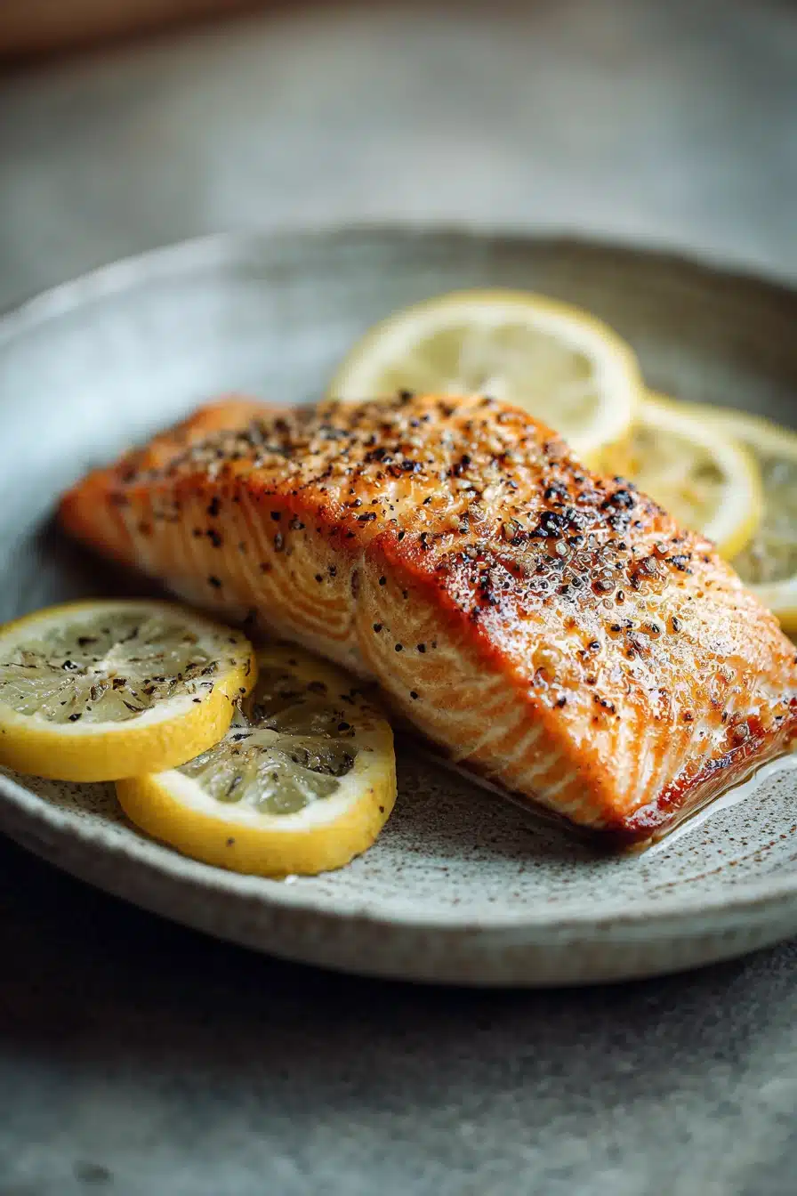 Close-up of lemon air fryer salmon with bright natural lighting and minimal background.