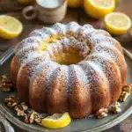Close-up of a lemon coffee cake with a crumbly topping on a white plate.