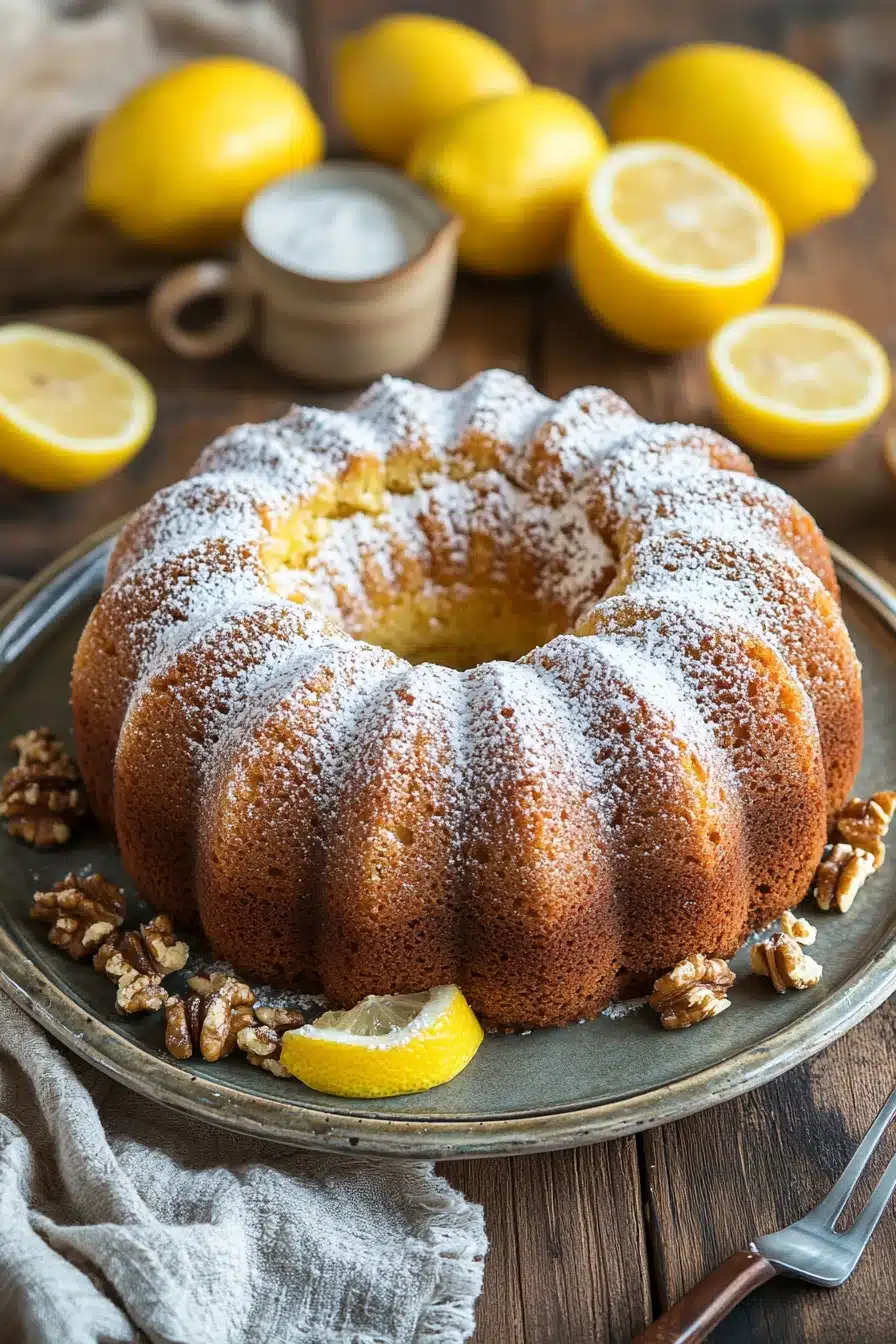 Close-up of a lemon coffee cake with a crumbly topping on a white plate.