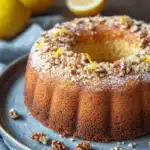 Close-up of a lemon coffee cake with a crumbly topping on a white plate