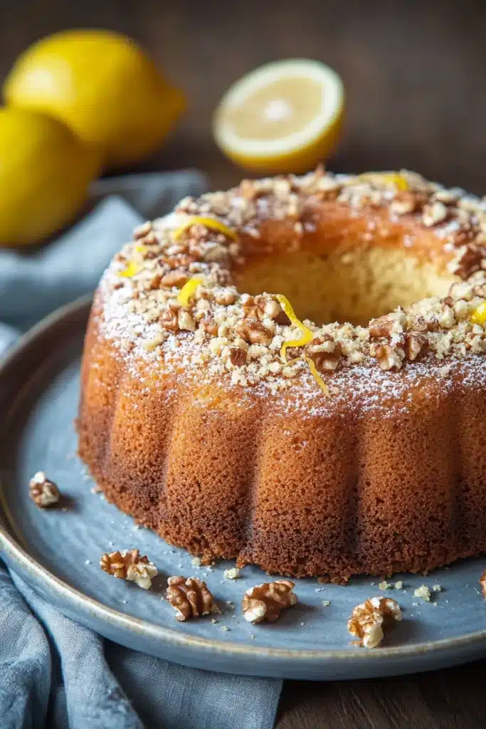 Close-up of a lemon coffee cake with a crumbly topping on a white plate