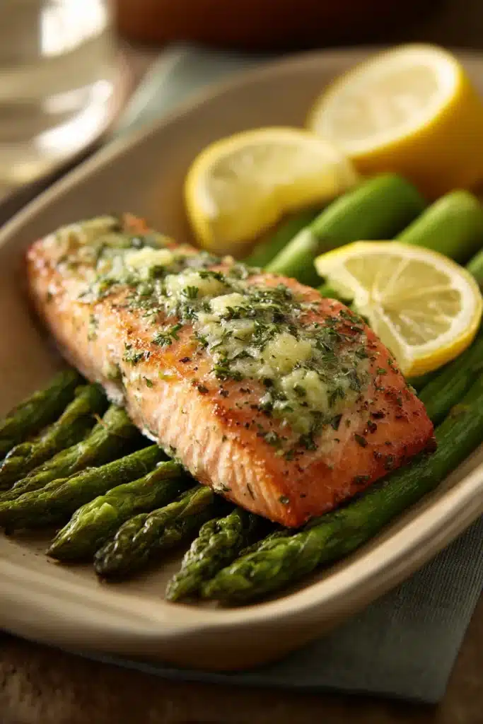 Close-up of Lemon Herb Butter Salmon and Asparagus with bright, natural lighting.