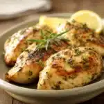 Close-up of lemon herb chicken with bright lighting and fresh herbs