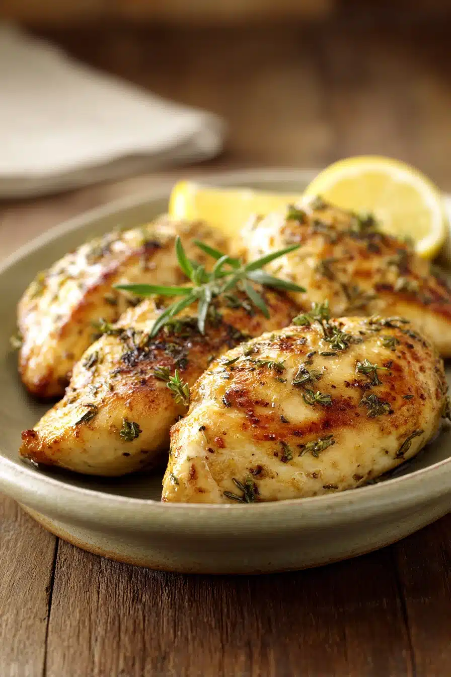 Close-up of lemon herb chicken with bright lighting and fresh herbs
