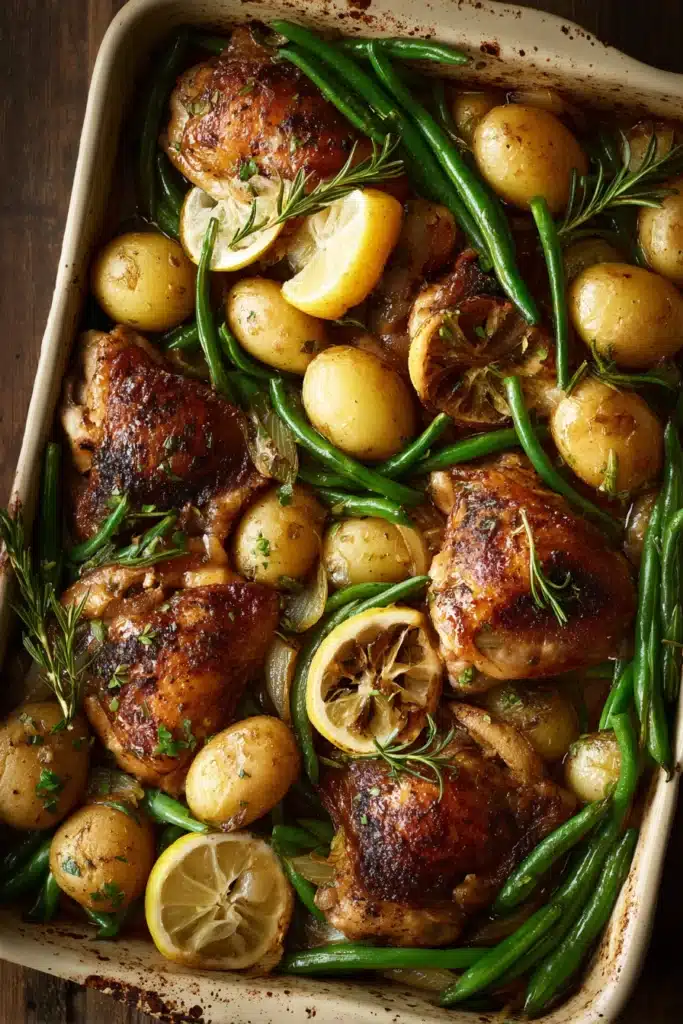 Close-up of a lemon sheet pan dinner with roasted vegetables and chicken