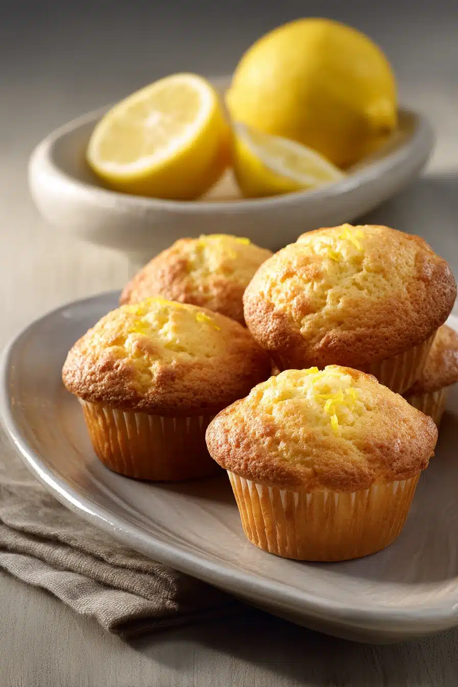 Close-up of freshly baked lemon zest muffins with a light, golden crust.