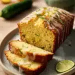 Close-up of a lemon zucchini loaf cake with a slice cut out, showcasing its moist texture.
