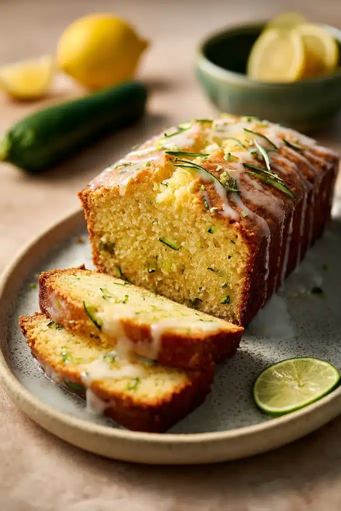 Close-up of a lemon zucchini loaf cake with a slice cut out, showcasing its moist texture.