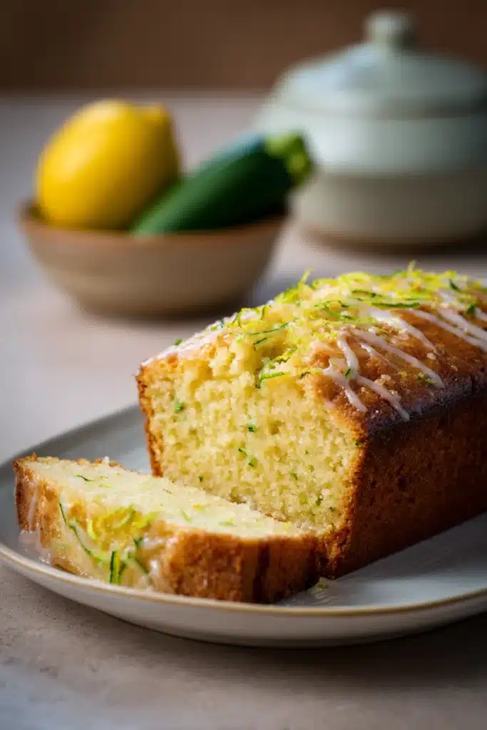 Close-up of a lemon zucchini loaf cake with a golden crust and visible zucchini specks.