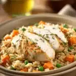 Close-up of a low calorie chicken and rice dish with bright lighting and clean background