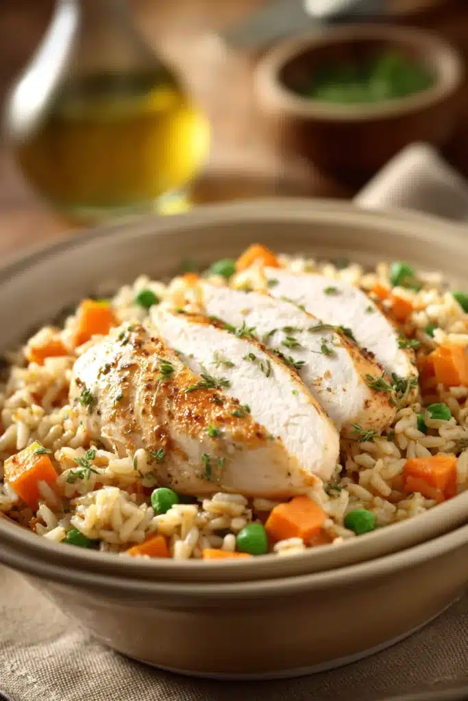 Close-up of a low calorie chicken and rice dish with bright lighting and clean background