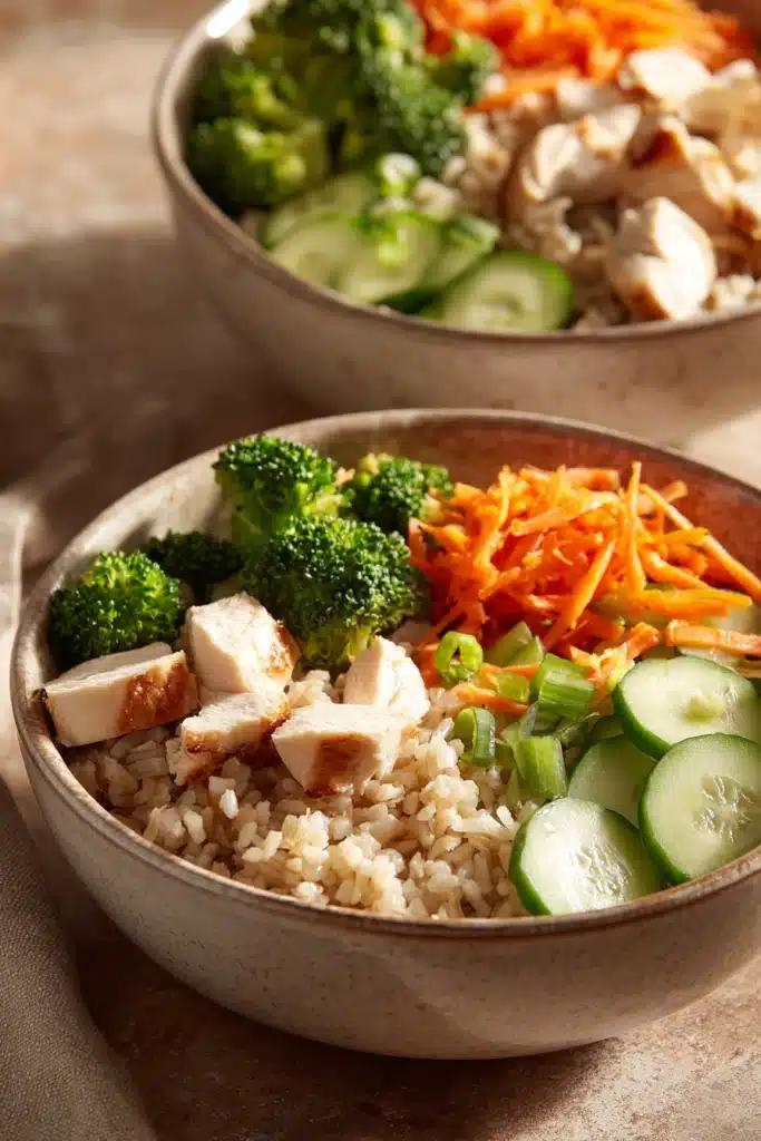 Close-up of low calorie chicken and rice bowls with vibrant vegetables