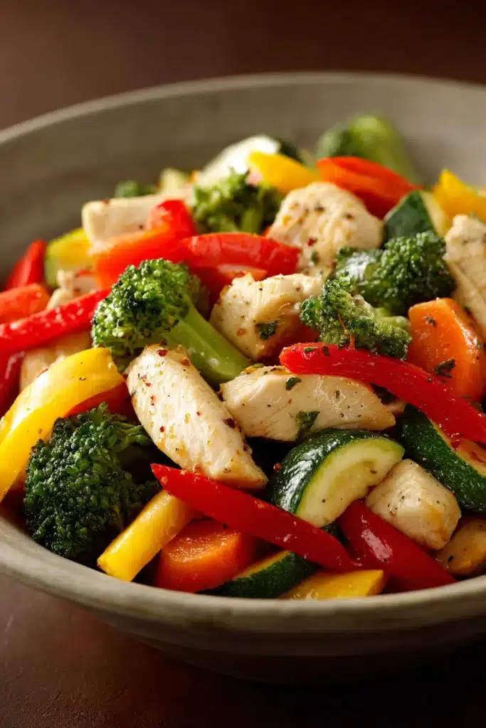 Close-up of a low calorie chicken and vegetable dish with vibrant colors and fresh ingredients.