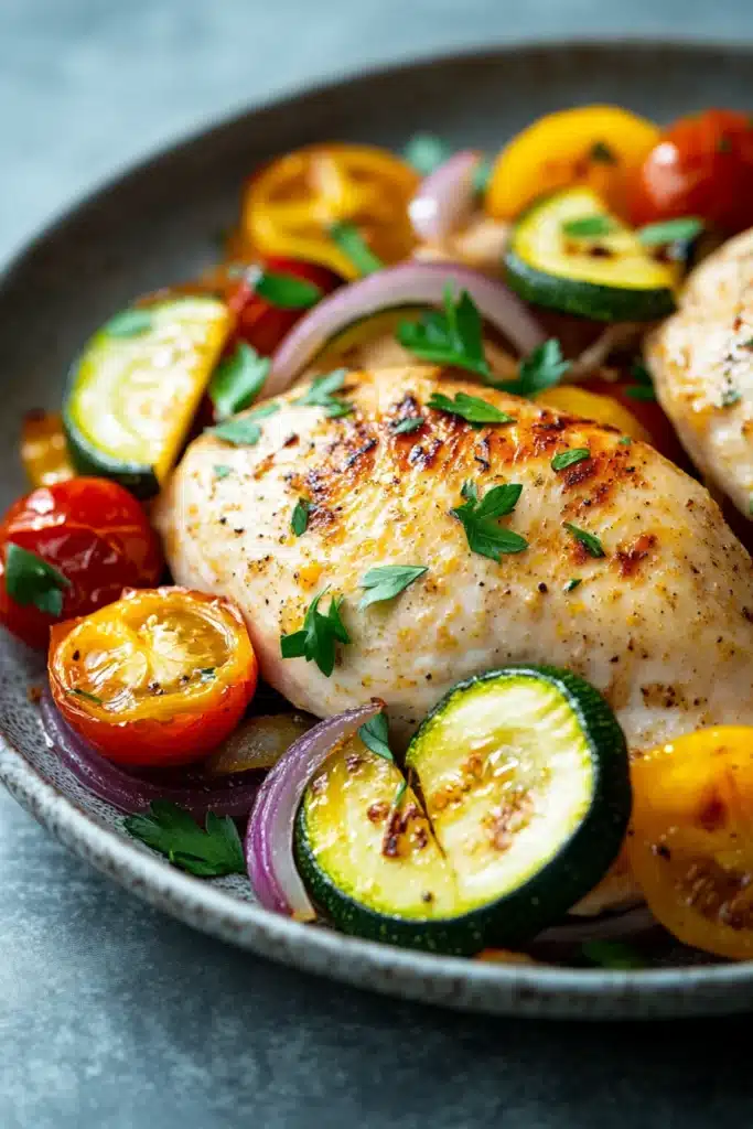 Close-up of a low calorie chicken bake with golden crust and herbs