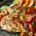 Close-up of a low calorie chicken bake with golden crust and herbs