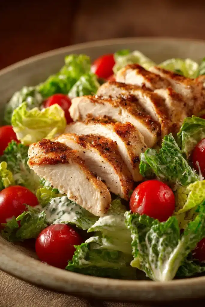 Close-up of a low calorie chicken Caesar salad with fresh greens and creamy dressing