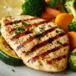 Close-up of a low calorie chicken dinner with creamy sauce and herbs.