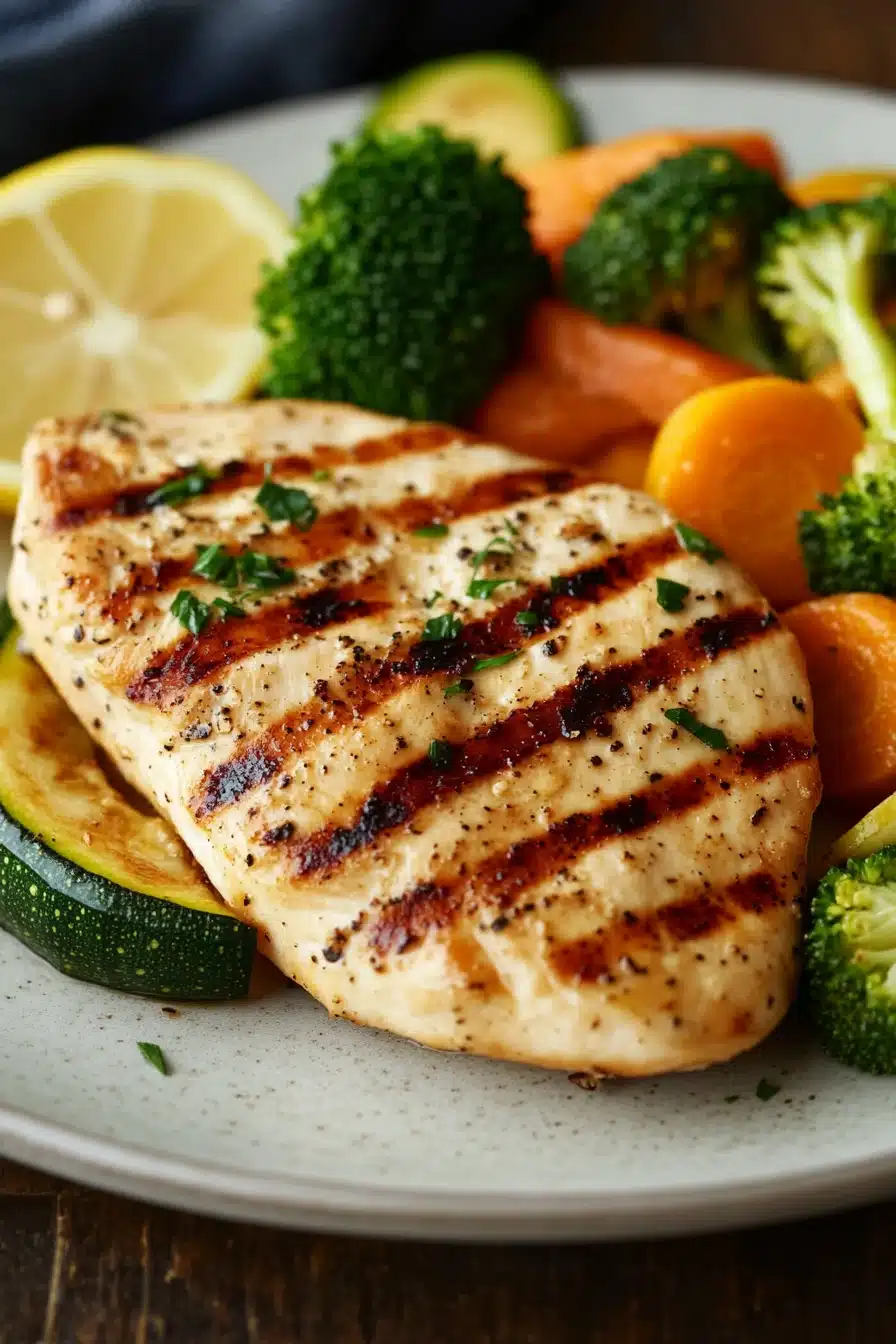 Close-up of a low calorie chicken dinner with creamy sauce and herbs.