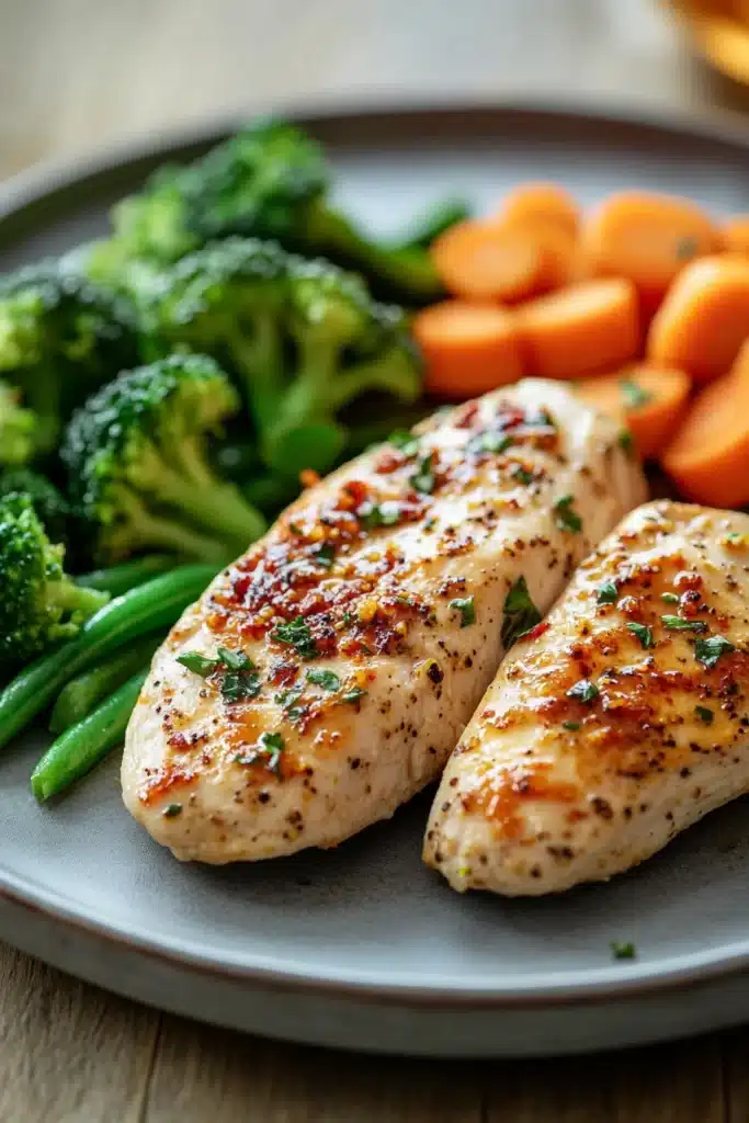 Close-up of a low calorie chicken dinner with bright, warm lighting and minimal background.