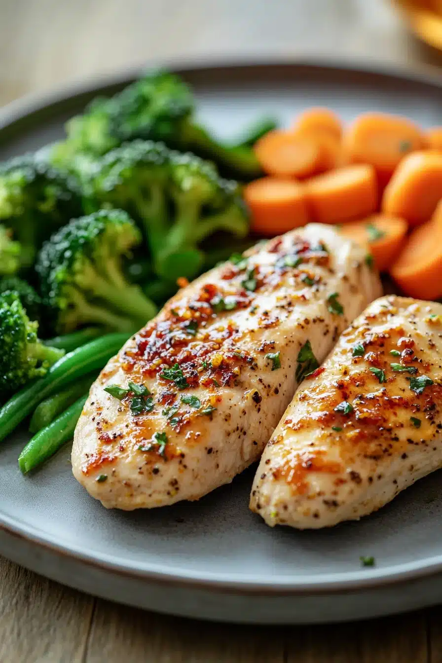 Close-up of a low calorie chicken dinner with bright, warm lighting and minimal background.