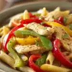 Close-up of low calorie chicken fajita pasta with vibrant colors and appetizing presentation.