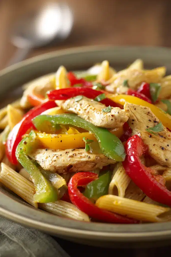 Close-up of low calorie chicken fajita pasta with vibrant colors and appetizing presentation.