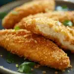 Close-up of crispy low calorie chicken fingers on a white plate with a clean background.