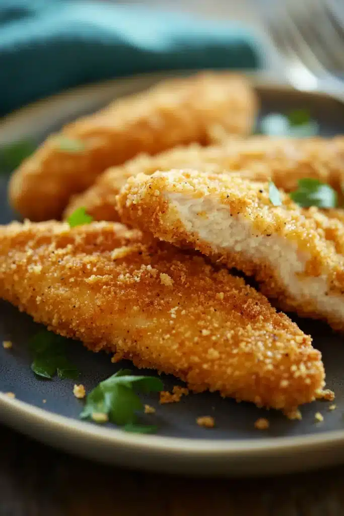 Close-up of crispy low calorie chicken fingers on a white plate with a clean background.