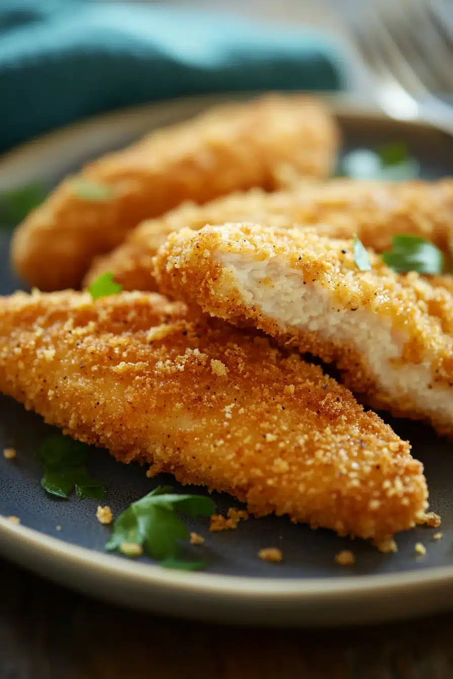 Close-up of crispy low calorie chicken fingers on a white plate with a clean background.