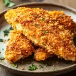 Close-up of crispy low calorie chicken fingers on a white plate with a clean background.