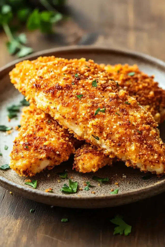 Close-up of crispy low calorie chicken fingers on a white plate with a clean background.