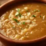 Close-up of creamy chicken dish with herbs in a bright, warm setting.