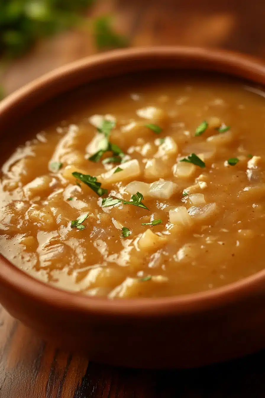 Close-up of creamy chicken dish with herbs in a bright, warm setting.