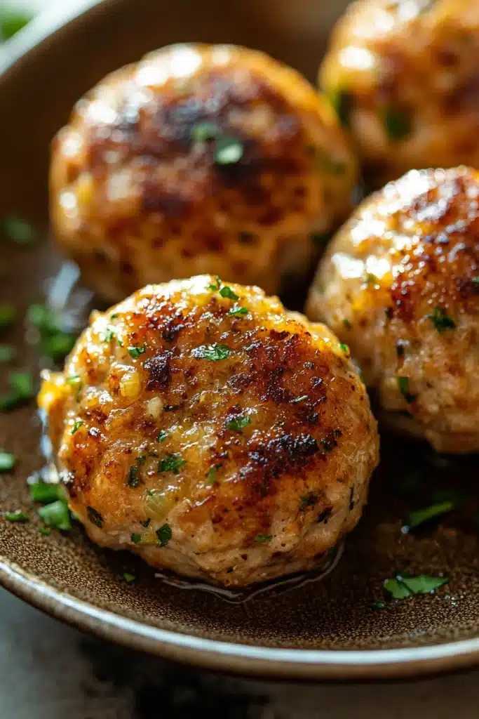 Close-up of low calorie chicken meatballs with creamy sauce on a clean plate